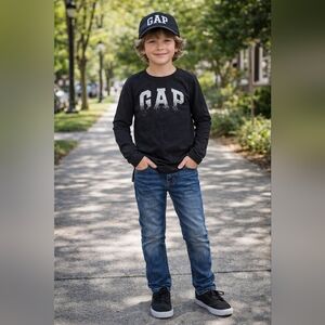 GAP Kids Black Long Sleeve Logo Tee Shirt 8 Flame Resistant Recycled Poly